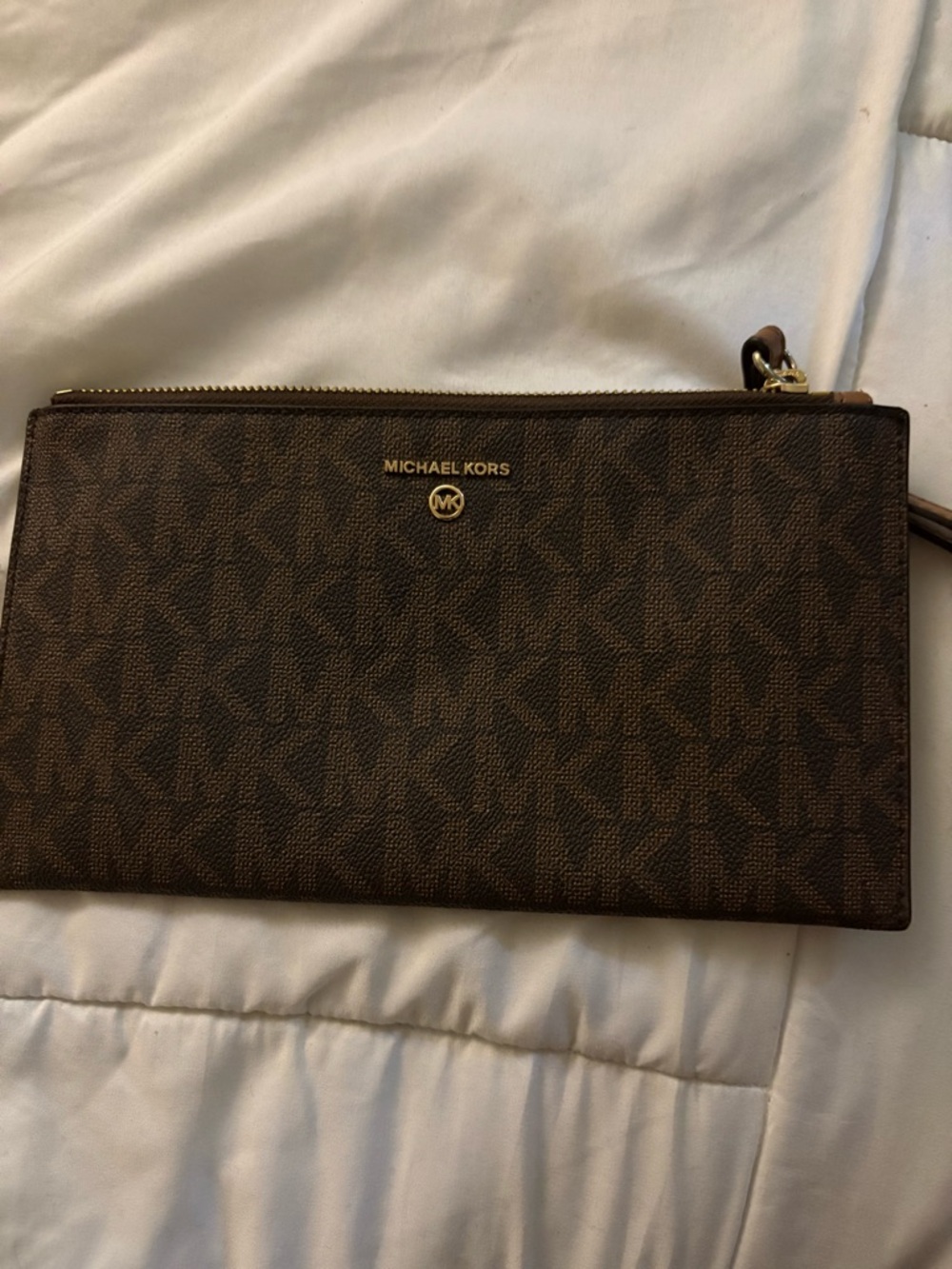 Michael Kors Brown Signature MK Logo Wristlet Clutch with Gold Hardware - Picture 2 of 3